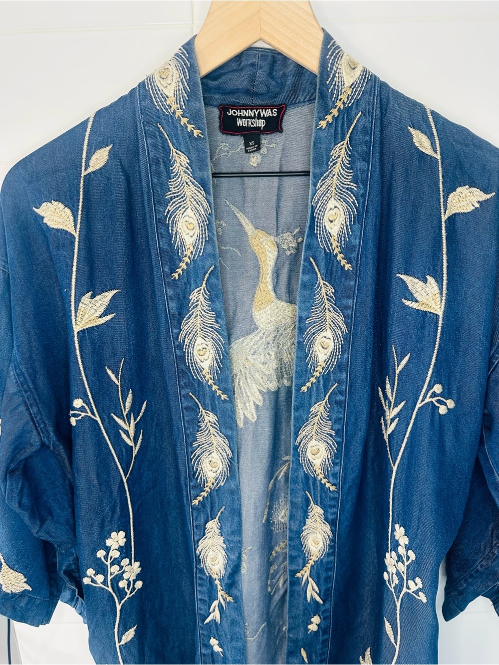 Johnny Was Workshop Embroidered Navy Blue Jean Kimono Crane - Picture 3 of 10
